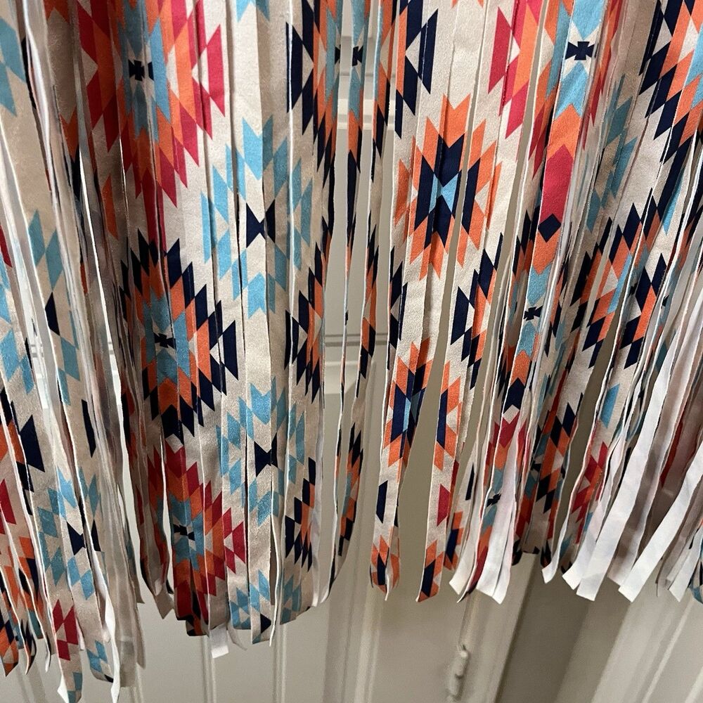 Southern Stitch Aztec Blue Orange Diamond Sleeveless Fringe Boho Kimono Open Top - Picture 7 of 9